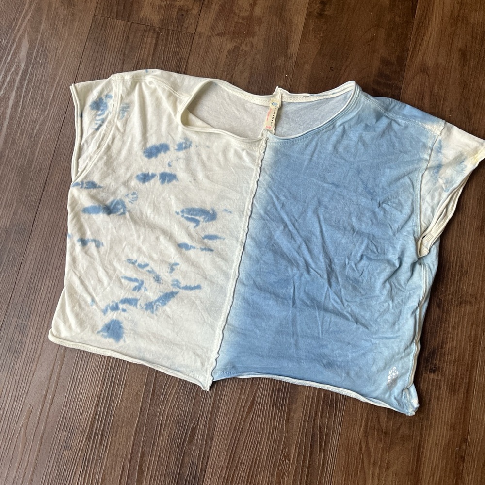 Free People Movement spliced blue white cloud tie dye short cap sleeve top.
